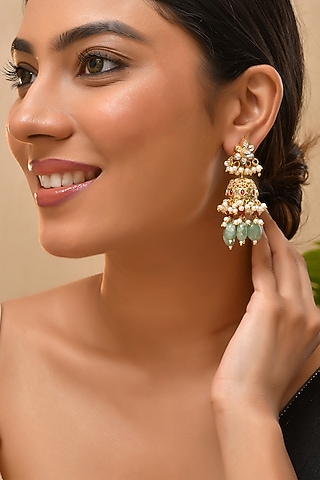 Gold Finish Multi-Colored Kundan Polki Jhumka Earrings by Adityam Jewels