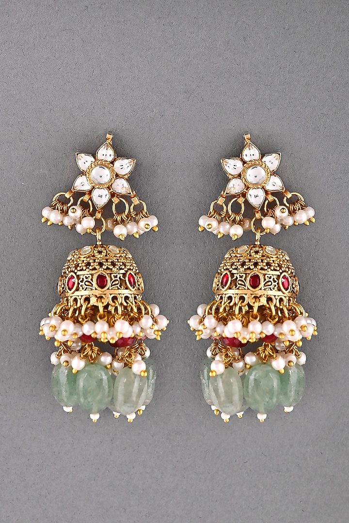 Gold Finish Multi-Colored Kundan Polki Jhumka Earrings by Adityam Jewels at Pernia's Pop Up Shop
