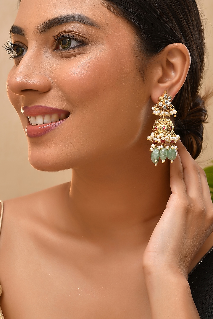Gold Finish Multi-Colored Kundan Polki Jhumka Earrings by Adityam Jewels at Pernia's Pop Up Shop