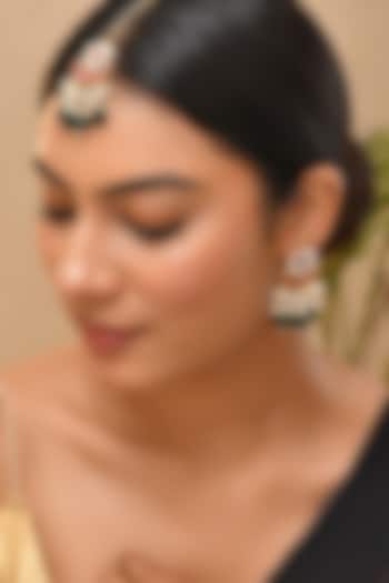 Gold Finish Kundan Polki Dangler Earrings With Maangtikka by Adityam Jewels at Pernia's Pop Up Shop