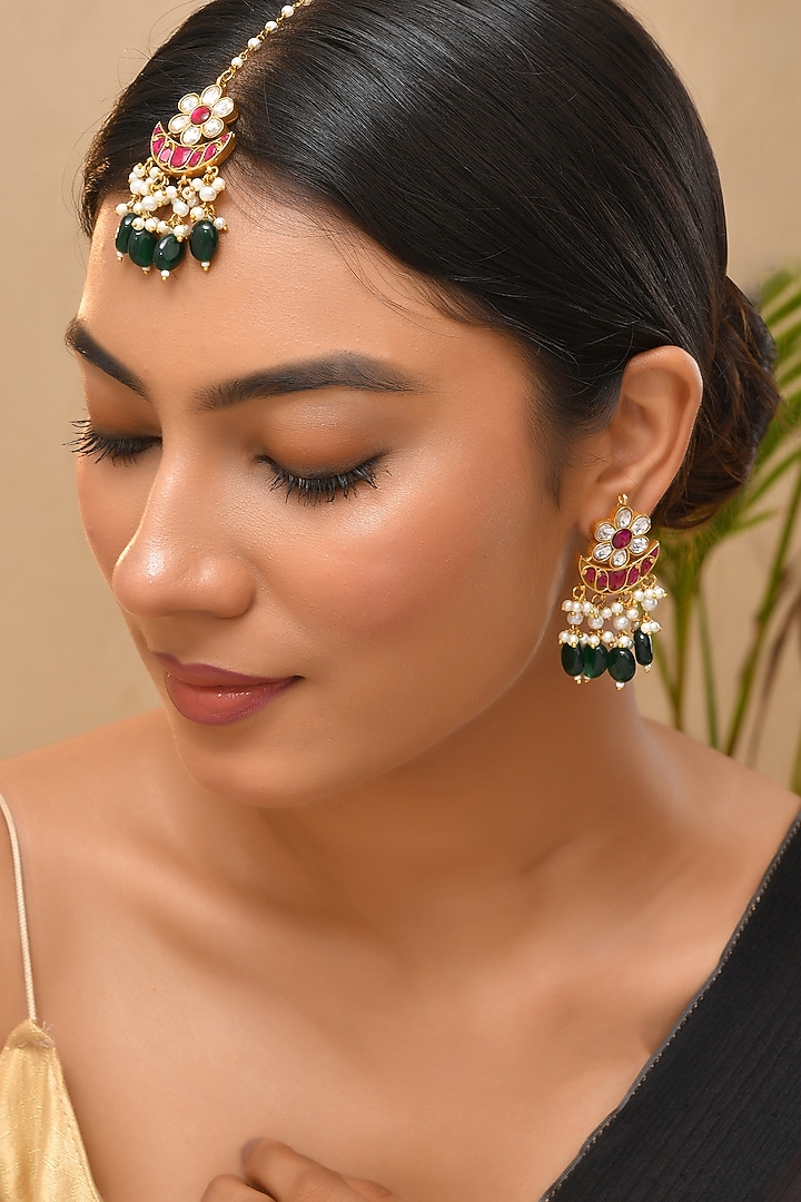 Gold Finish Kundan Polki Dangler Earrings With Maangtikka by Adityam Jewels at Pernia's Pop Up Shop