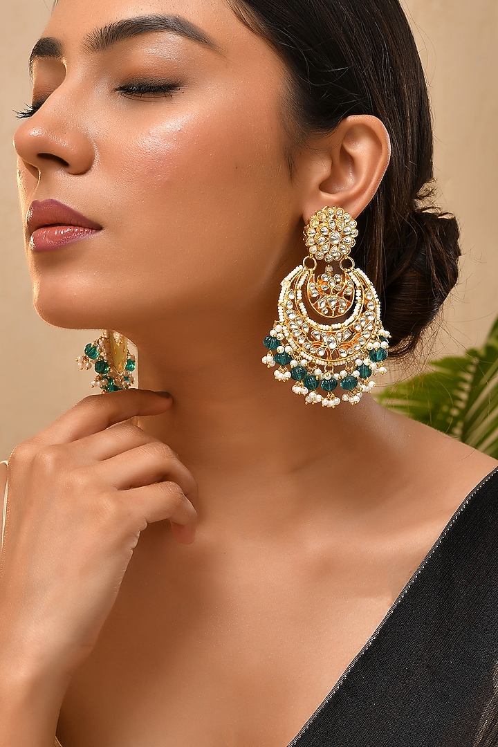 Gold Finish Green Kundan Polki Chandbali Earrings by Adityam Jewels at Pernia's Pop Up Shop
