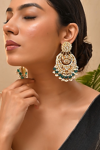Gold Finish Green Kundan Polki Chandbali Earrings by Adityam Jewels