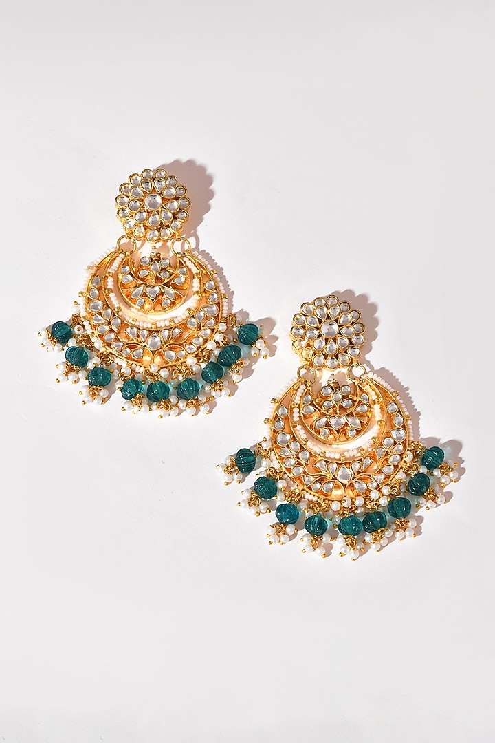 Gold Finish Green Kundan Polki Chandbali Earrings by Adityam Jewels at Pernia's Pop Up Shop