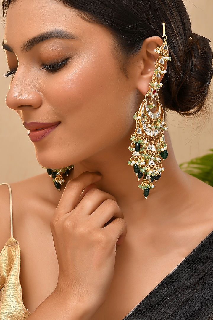 Gold Finish Green Kundan Polki Chandbali Earrings by Adityam Jewels at Pernia's Pop Up Shop