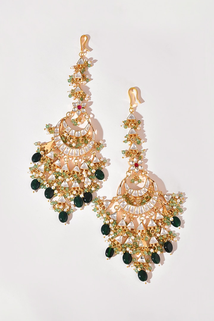 Gold Finish Green Kundan Polki Chandbali Earrings by Adityam Jewels at Pernia's Pop Up Shop