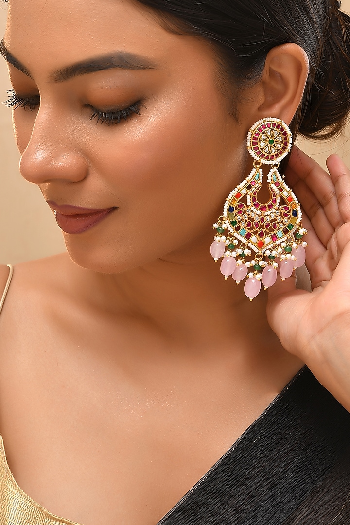 Gold Finish Multi-Colored Kundan Polki Chandbali Earrings by Adityam Jewels at Pernia's Pop Up Shop