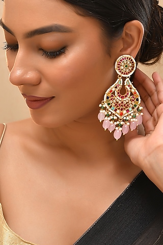 Gold Finish Multi-Colored Kundan Polki Chandbali Earrings by Adityam Jewels