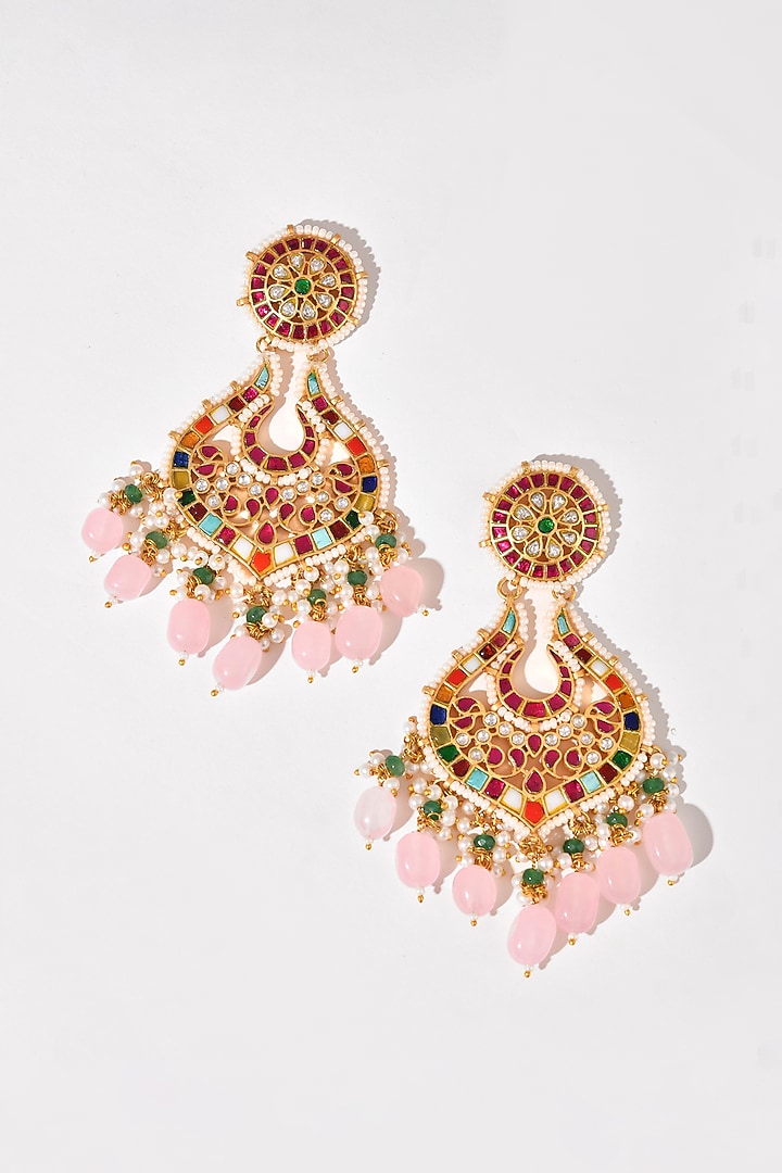 Gold Finish Multi-Colored Kundan Polki Chandbali Earrings by Adityam Jewels at Pernia's Pop Up Shop