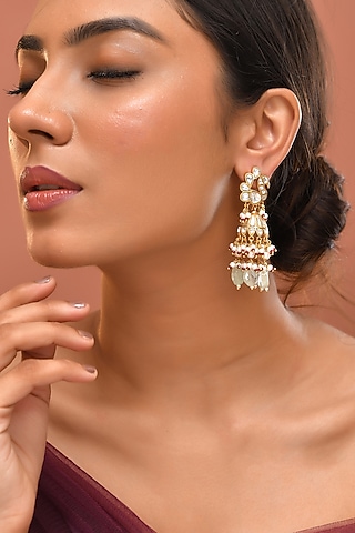 Gold Finish Kundan Polki Jhumka Earrings by Adityam Jewels