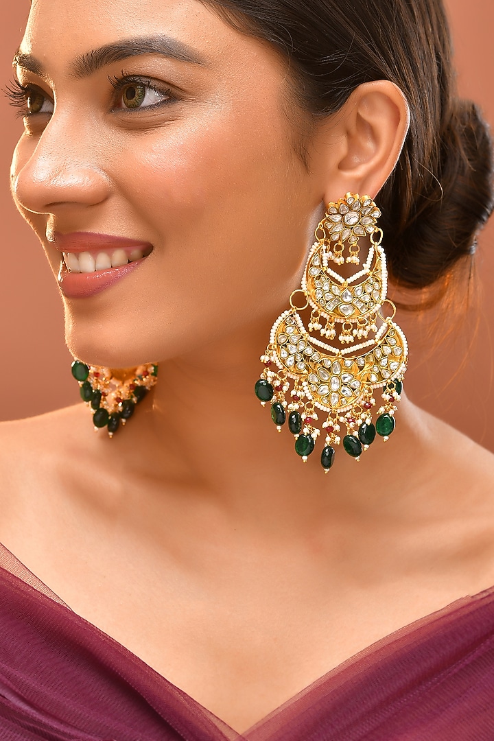 Gold Finish Green Kundan Polki Chandbali Earrings by Adityam Jewels at Pernia's Pop Up Shop