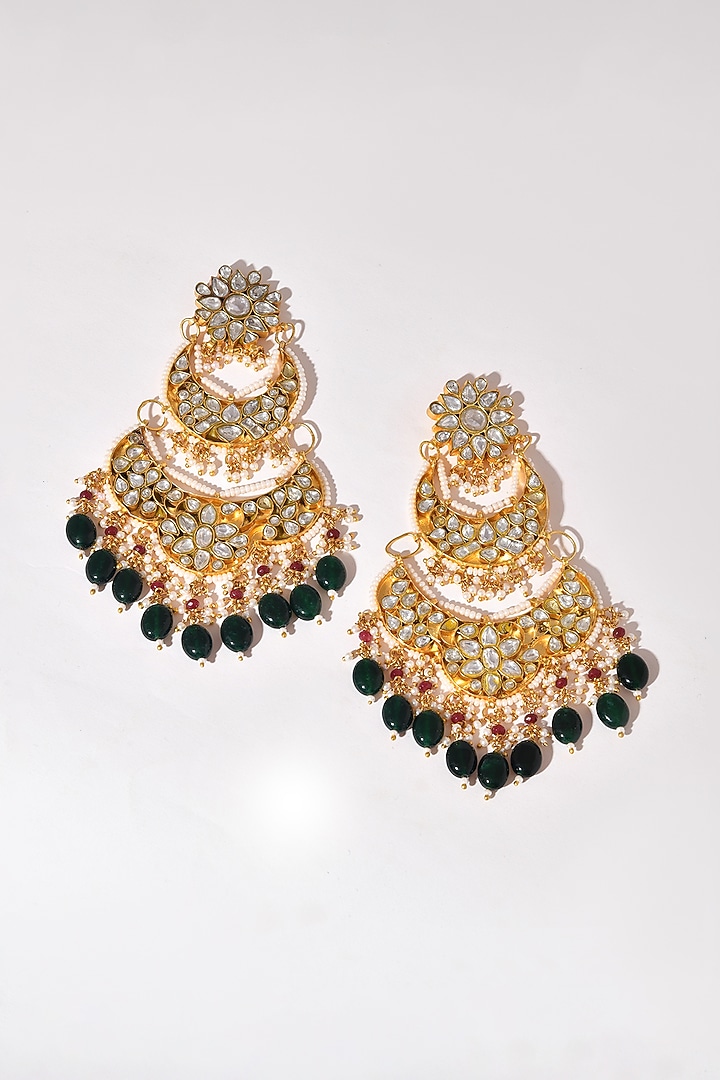 Gold Finish Green Kundan Polki Chandbali Earrings by Adityam Jewels at Pernia's Pop Up Shop