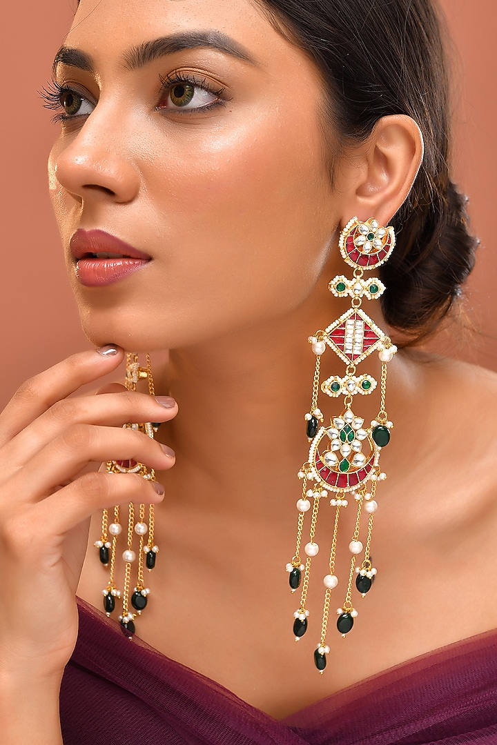 Gold Finish Multi-Colored Kundan Polki Kashmiri-Style Dangler Earrings by Adityam Jewels at Pernia's Pop Up Shop
