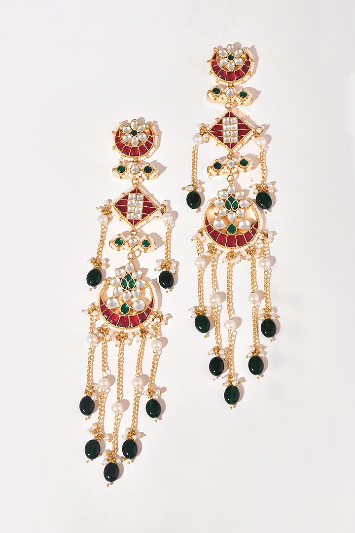 Gold Finish Multi-Colored Kundan Polki Kashmiri-Style Dangler Earrings by Adityam Jewels at Pernia's Pop Up Shop