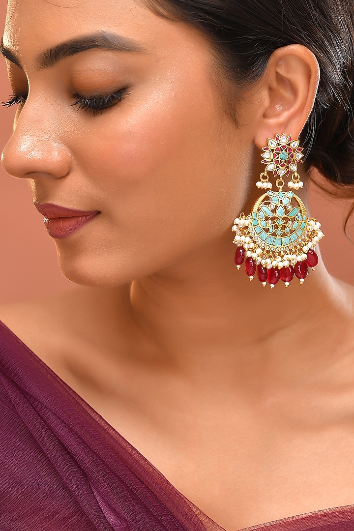 Gold Finish Blue Kundan Polki Dangler Earrings by Adityam Jewels at Pernia's Pop Up Shop