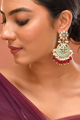 Gold Finish Blue Kundan Polki Dangler Earrings by Adityam Jewels
