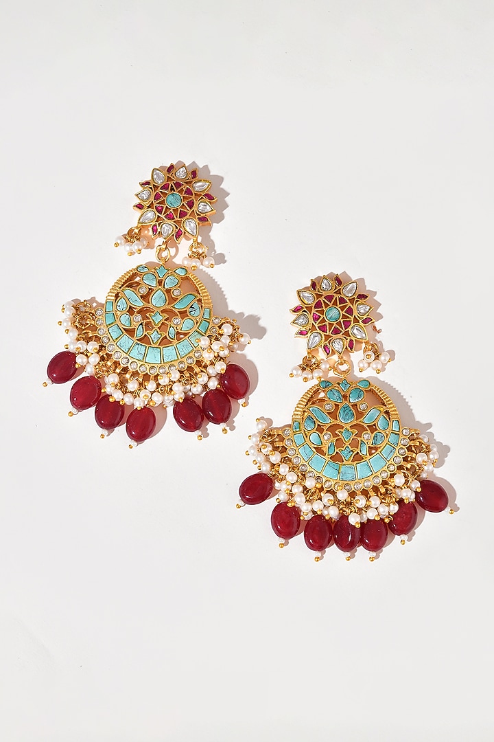 Gold Finish Blue Kundan Polki Dangler Earrings by Adityam Jewels at Pernia's Pop Up Shop
