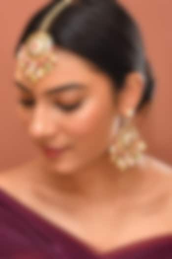 Gold Finish Multi-Colored Kundan Polki Dangler Earrings With Maangtikka by Adityam Jewels at Pernia's Pop Up Shop