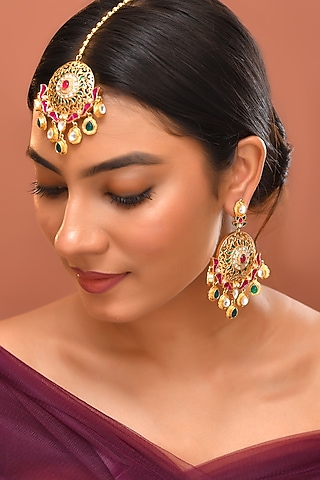 Gold Finish Multi-Colored Kundan Polki Dangler Earrings With Maangtikka by Adityam Jewels