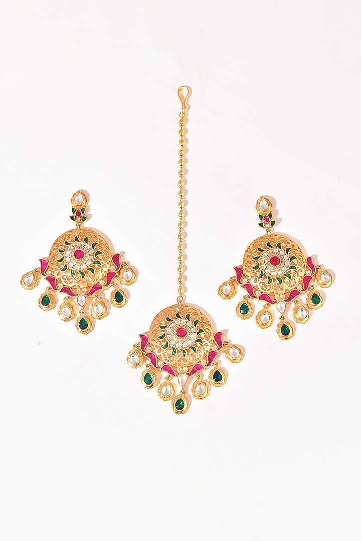 Gold Finish Multi-Colored Kundan Polki Dangler Earrings With Maangtikka by Adityam Jewels at Pernia's Pop Up Shop