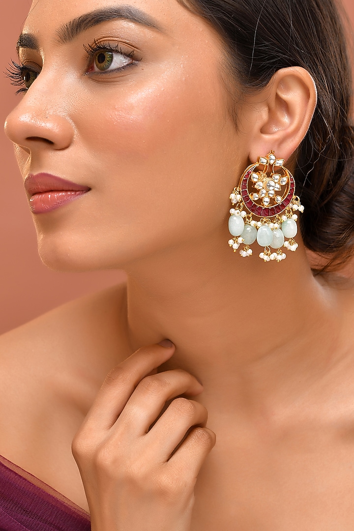 Gold Finish Multi-Colored Kundan Polki Dangler Earrings by Adityam Jewels at Pernia's Pop Up Shop