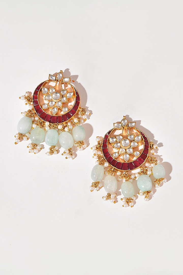 Gold Finish Multi-Colored Kundan Polki Dangler Earrings by Adityam Jewels at Pernia's Pop Up Shop