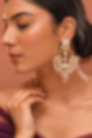 Gold Finish Pink Kundan Polki Chandbali Earrings by Adityam Jewels at Pernia's Pop Up Shop