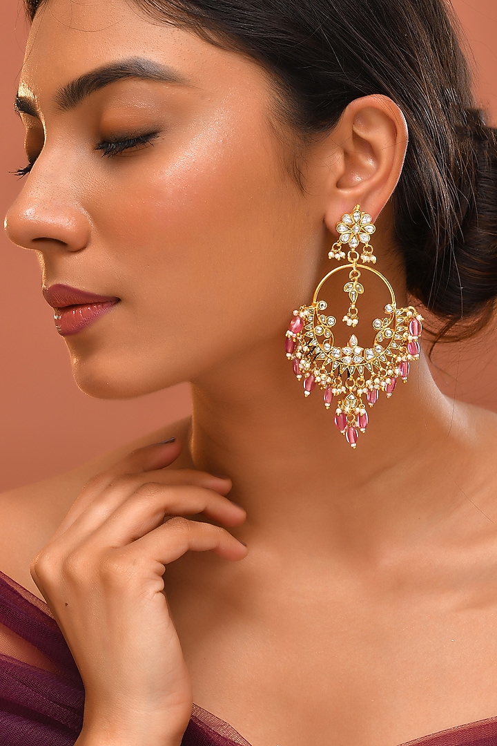 Gold Finish Pink Kundan Polki Chandbali Earrings by Adityam Jewels at Pernia's Pop Up Shop