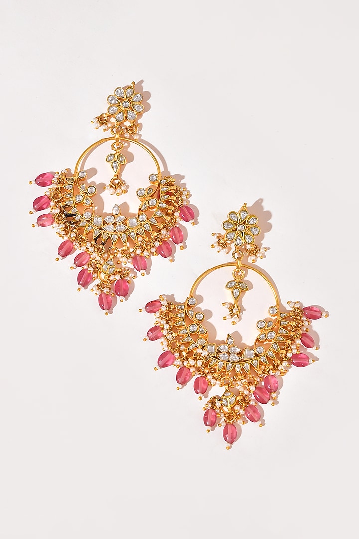 Gold Finish Pink Kundan Polki Chandbali Earrings by Adityam Jewels at Pernia's Pop Up Shop