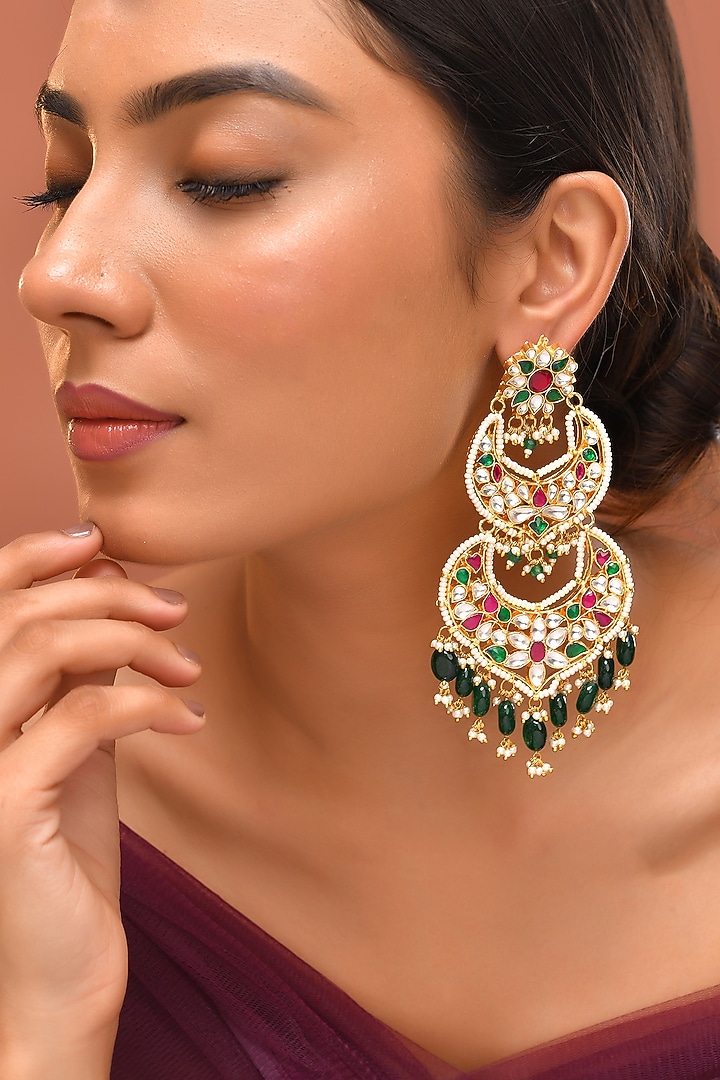 Gold Finish Multi-Colored Kundan Polki Chandbali Earrings by Adityam Jewels at Pernia's Pop Up Shop