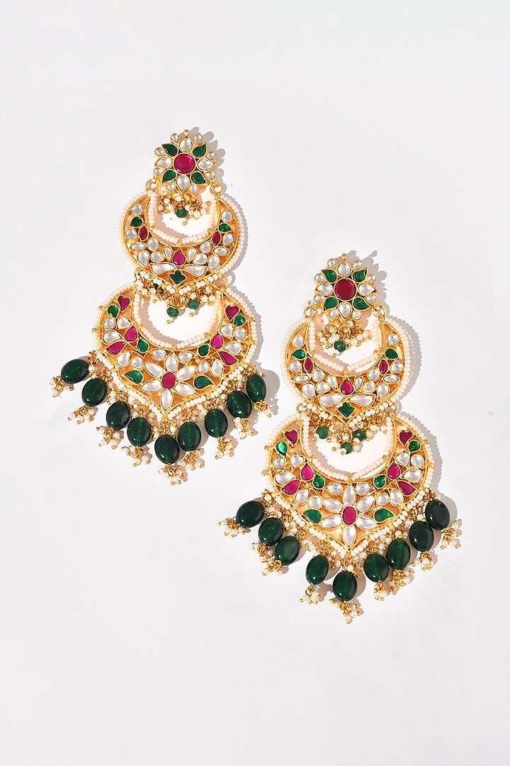 Gold Finish Multi-Colored Kundan Polki Chandbali Earrings by Adityam Jewels at Pernia's Pop Up Shop