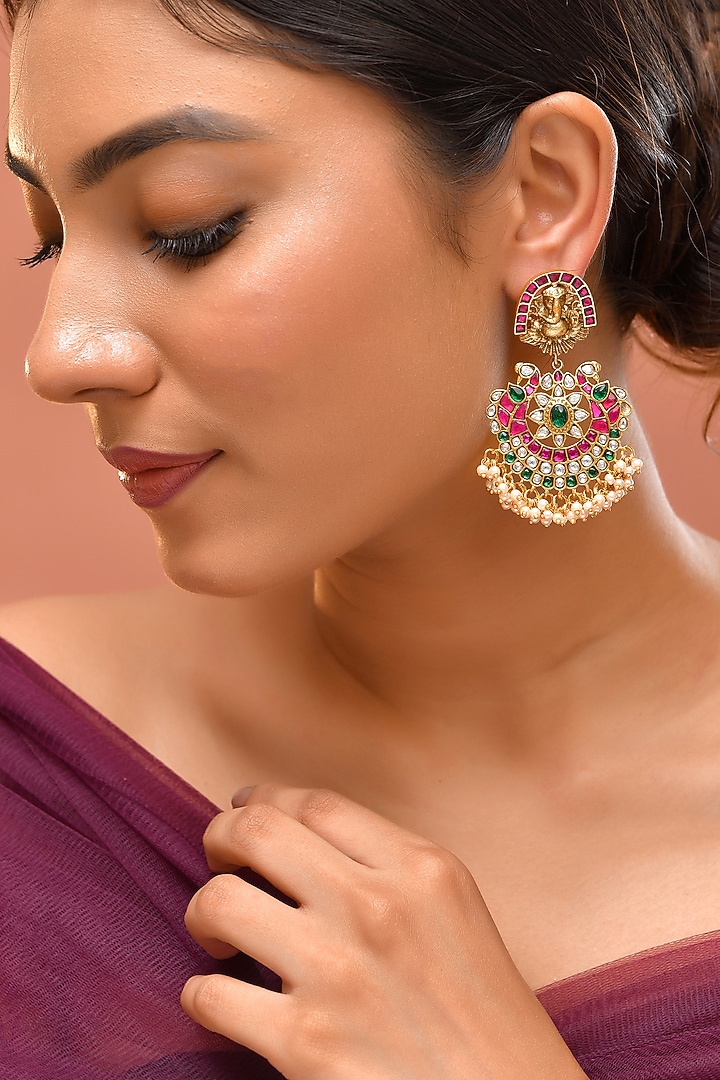 Gold Finish Multi-Colored Kundan Polki Temple Dangler Earrings by Adityam Jewels at Pernia's Pop Up Shop
