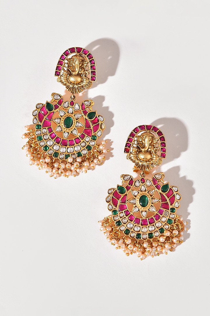 Gold Finish Multi-Colored Kundan Polki Temple Dangler Earrings by Adityam Jewels at Pernia's Pop Up Shop