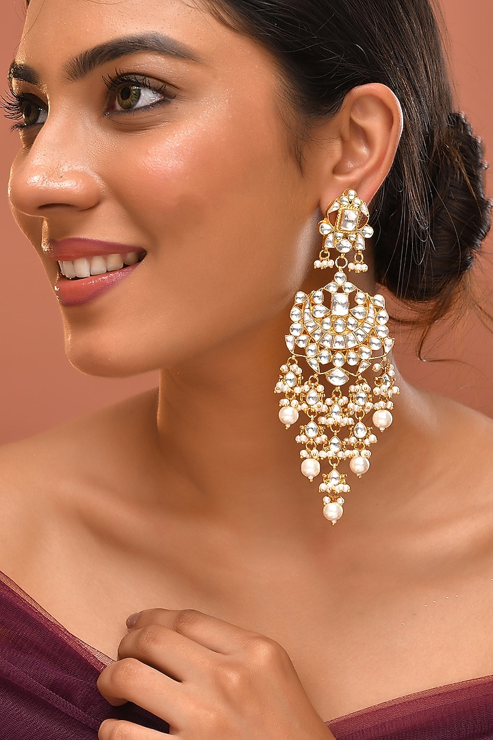 Gold Finish Kundan Polki Dangler Earrings by Adityam Jewels at Pernia's Pop Up Shop
