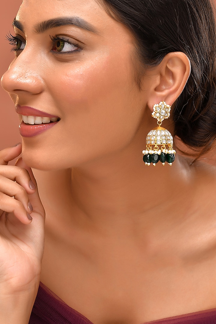Gold Finish Green Kundan Polki Jhumka Earrings by Adityam Jewels at Pernia's Pop Up Shop