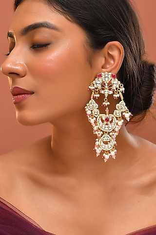 Gold Finish Pink Kundan Polki Dangler Earrings by Adityam Jewels