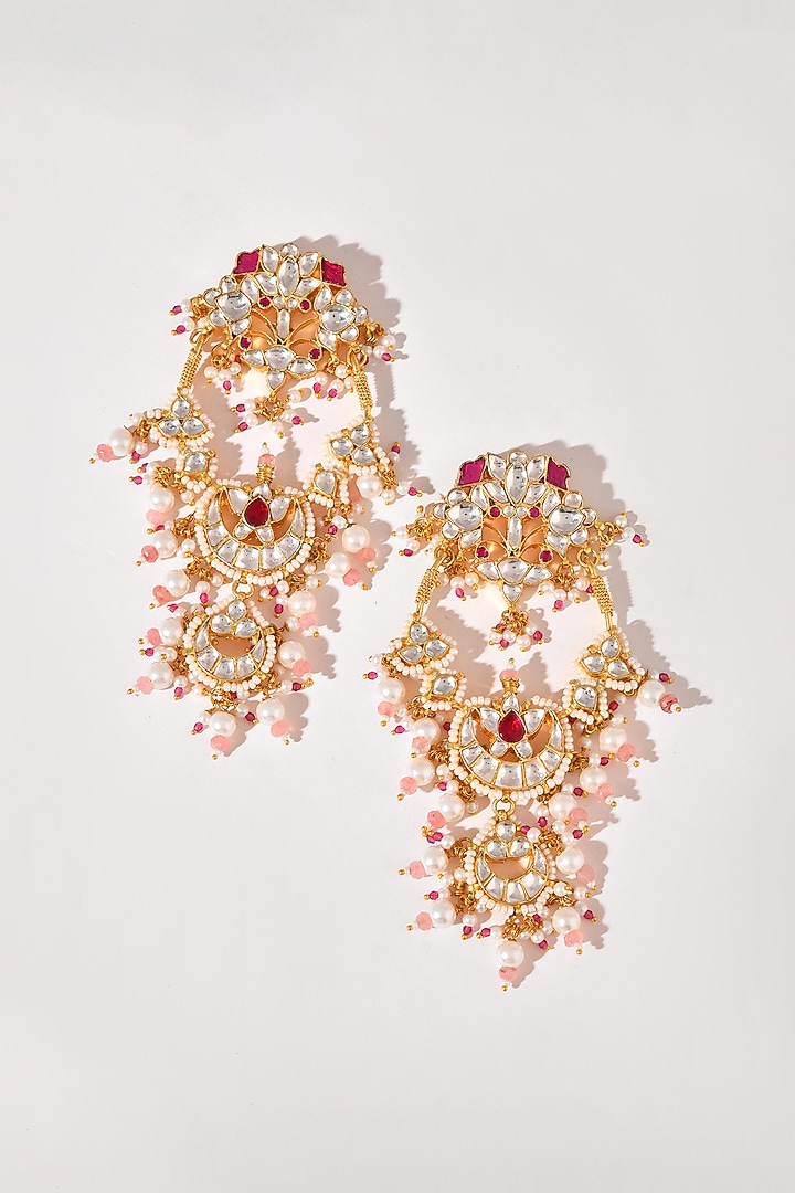 Gold Finish Pink Kundan Polki Dangler Earrings by Adityam Jewels at Pernia's Pop Up Shop