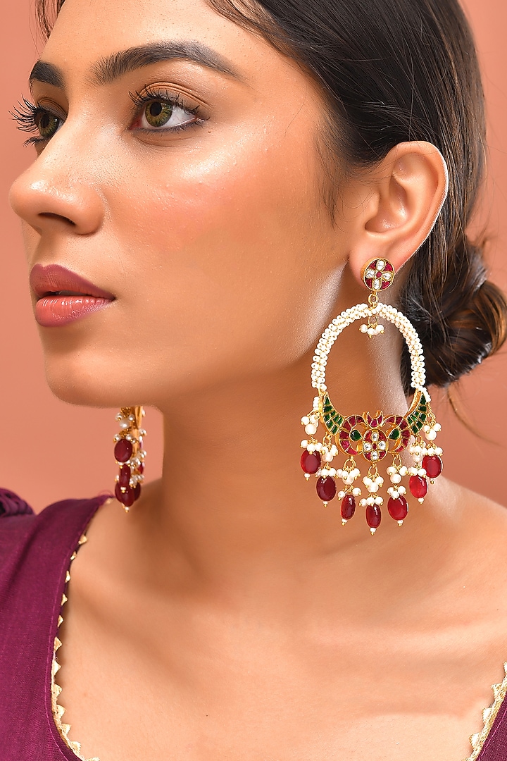 Gold Finish Multi-Colored Kundan Polki Chandbali Earrings by Adityam Jewels at Pernia's Pop Up Shop