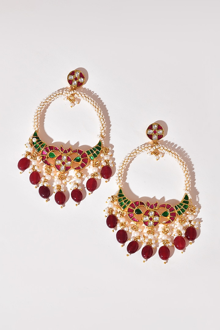 Gold Finish Multi-Colored Kundan Polki Chandbali Earrings by Adityam Jewels at Pernia's Pop Up Shop