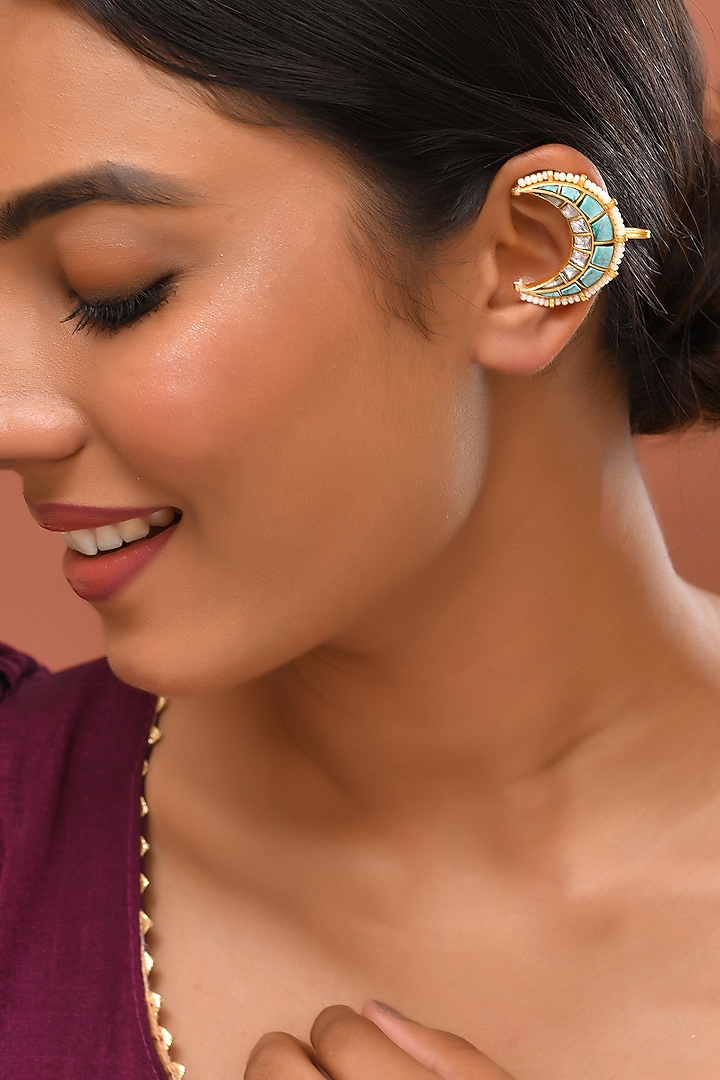 Gold Finish Blue Kundan Polki Earcuffs by Adityam Jewels at Pernia's Pop Up Shop