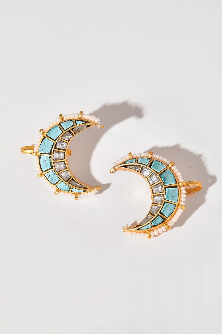 Gold Finish Blue Kundan Polki Earcuffs by Adityam Jewels at Pernia's Pop Up Shop