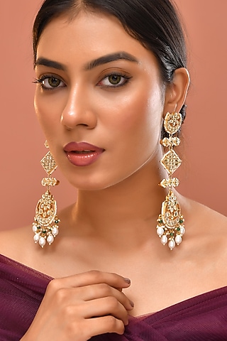 Gold Finish Kundan Polki Kashmiri-Style Dangler Earrings by Adityam Jewels