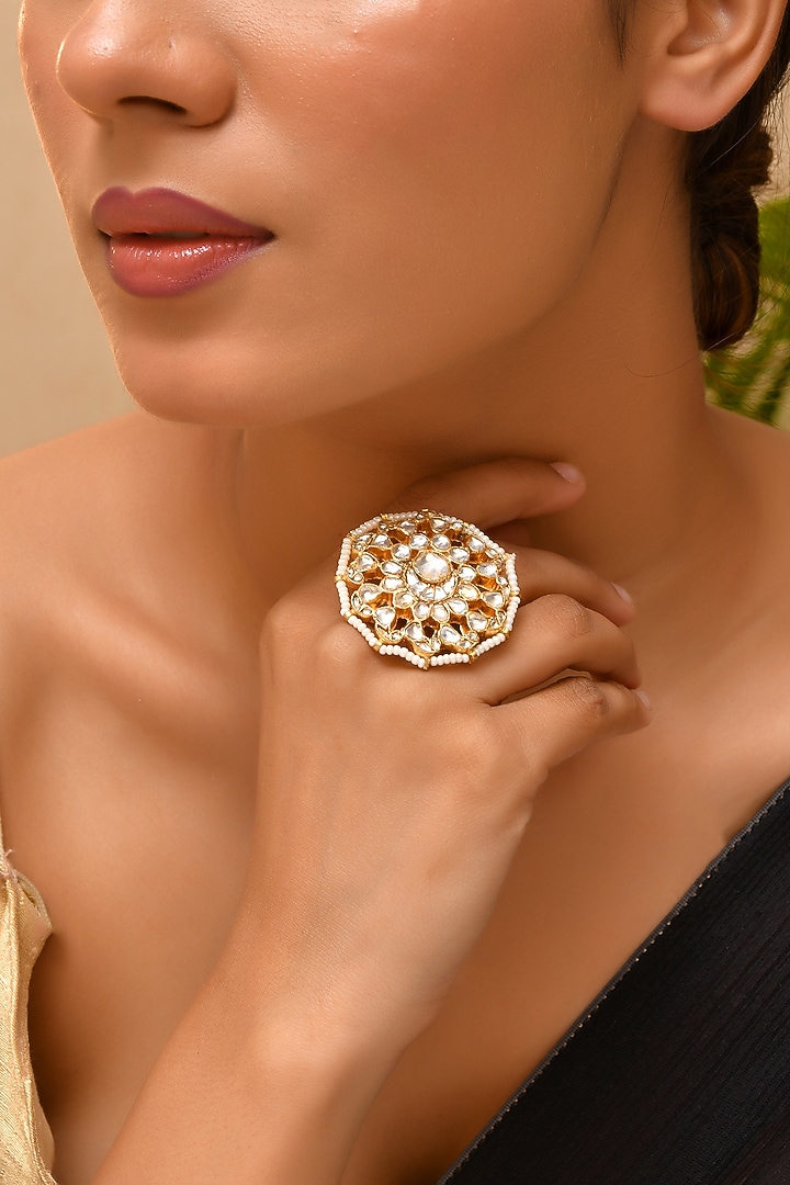 Gold Finish Kundan Polki Ring by Adityam Jewels at Pernia's Pop Up Shop