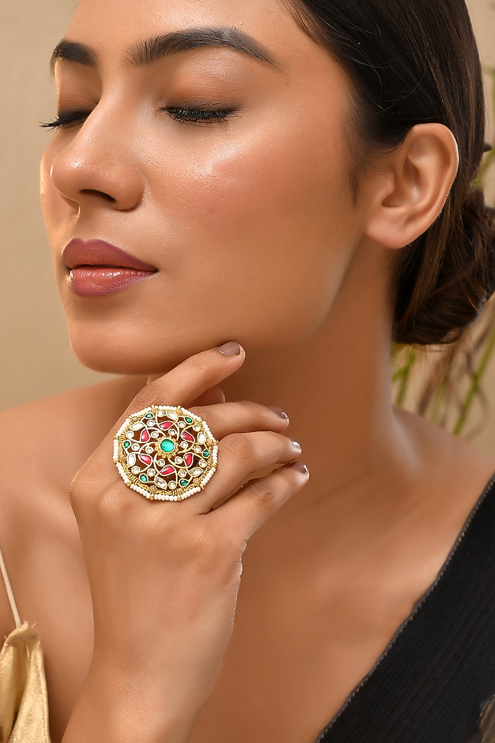 Gold Finish Multi-Colored Kundan Polki Ring by Adityam Jewels at Pernia's Pop Up Shop