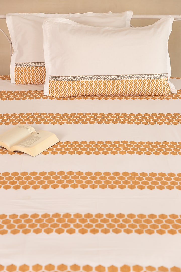 Mustard & Grey Cotton Honeycomb Hand Block Printed Bedsheet Set  by ADYA at Pernia's Pop Up Shop