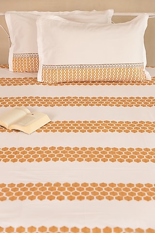 Mustard & Grey Cotton Honeycomb Hand Block Printed Bedsheet Set  by ADYA