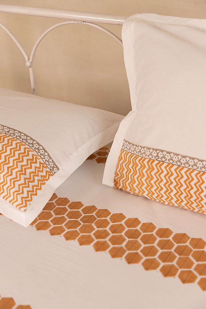 Mustard & Grey Cotton Honeycomb Hand Block Printed Bedsheet Set by ADYA at Pernia's Pop Up Shop