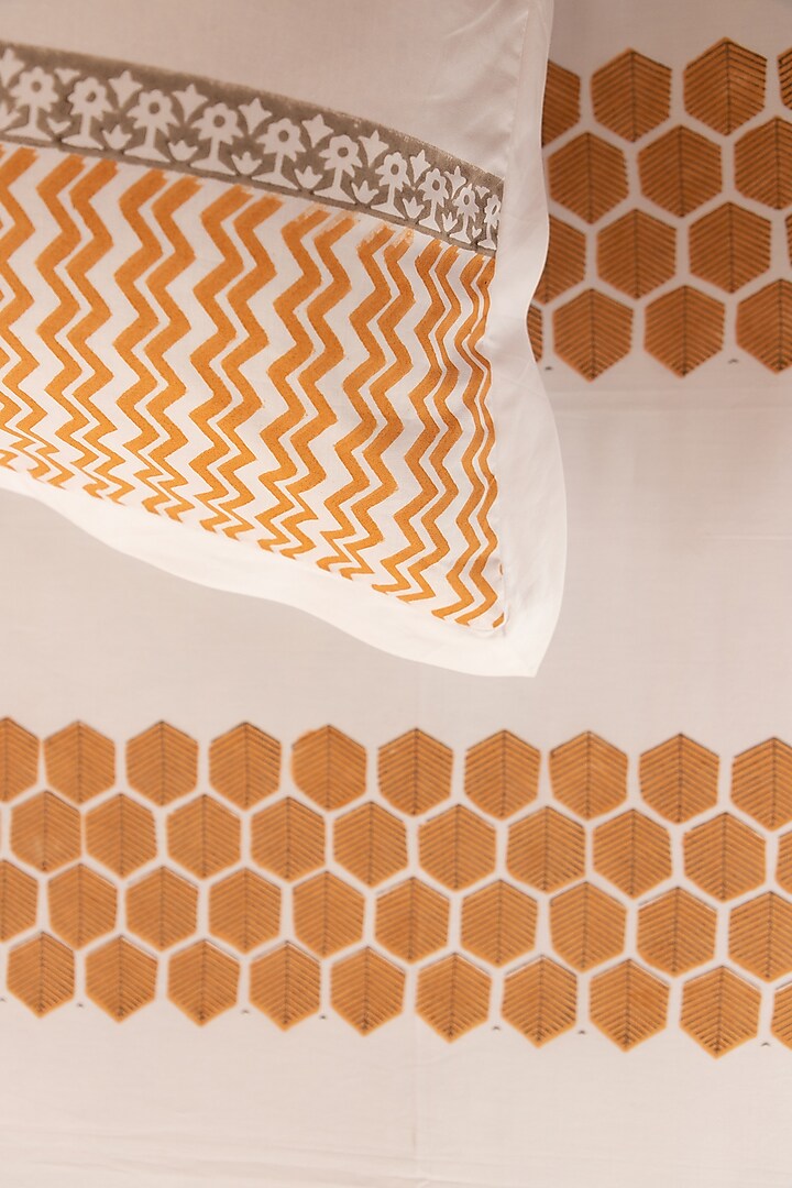 Mustard & Grey Cotton Honeycomb Hand Block Printed Bedsheet Set by ADYA at Pernia's Pop Up Shop