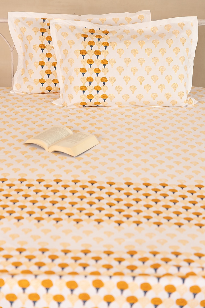 White Cotton Marigold Hand Block Printed Bedsheet Set  by ADYA