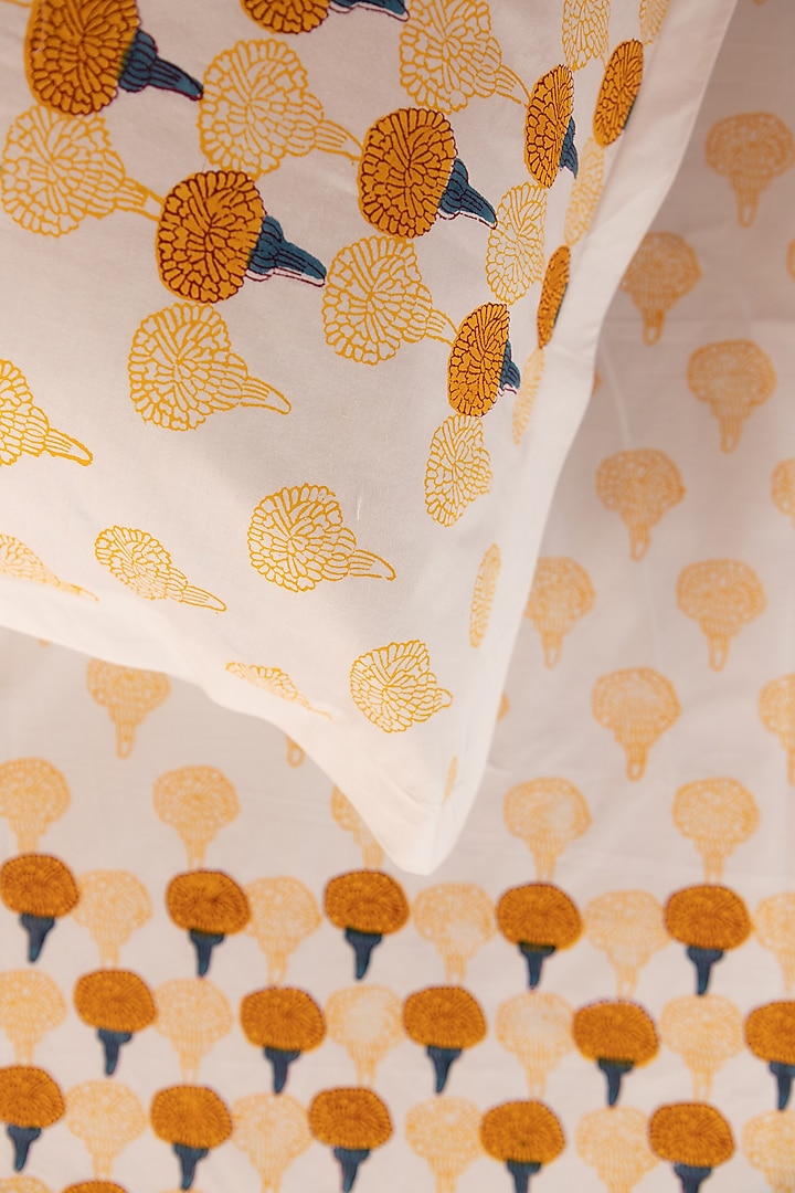 White Cotton Marigold Hand Block Printed Bedsheet Set  by ADYA at Pernia's Pop Up Shop